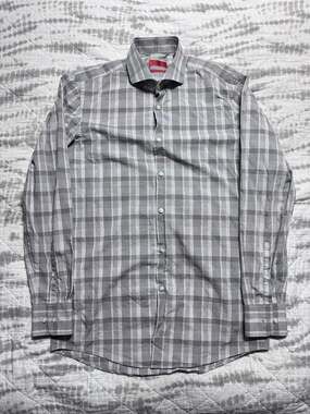 HUGO Hugo Boss Men's Sharp Fit Gray Plaid Dress Shirt Size 15 32/33